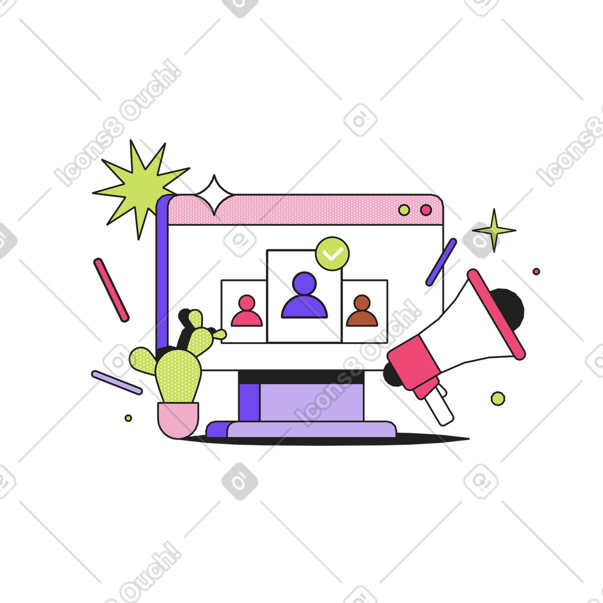 Computer screen with candidate profiles, Online recruitment process animated illustration in Dazzle style download in GIF, Lottie (JSON), AE