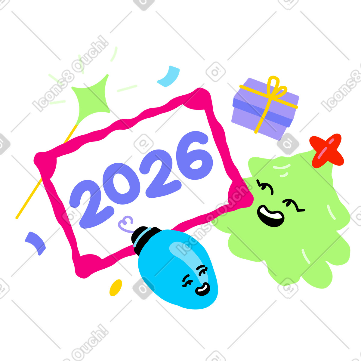 Lettering 2026 con albero di natale e scatola regalo illustrazione in stile Giggle scarica in PNG, SVG