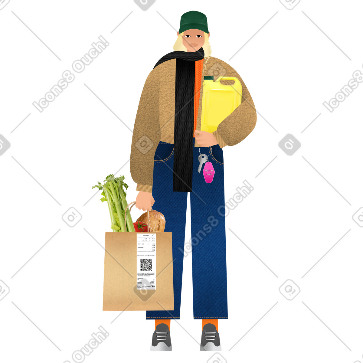 Young woman holding a bag of groceries illustration in Patchwork style download in PNG, SVG