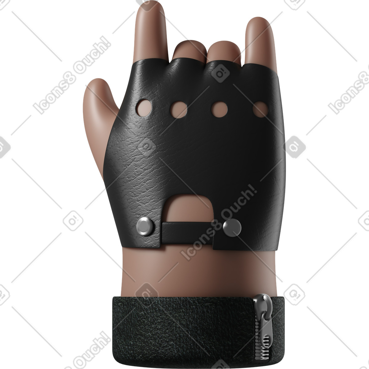Ilustração de Mão pele marrom do roqueiro na luva couro mostrando um sinal rock em no estilo 3D Hands Fun&Wild para baixar em PNG, SVG