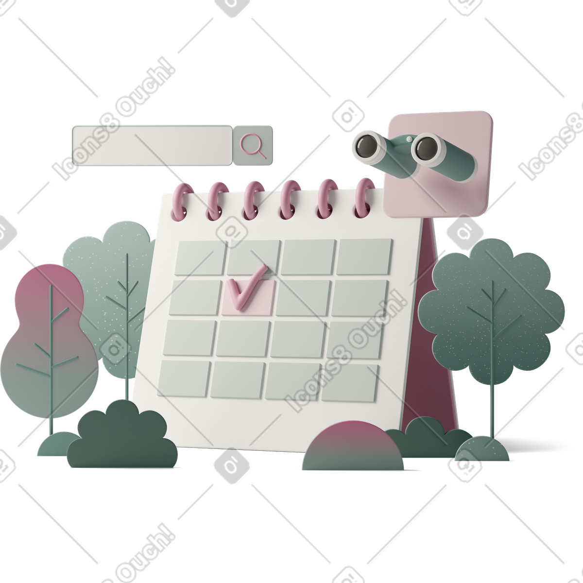3D Casual life 스타일의 Desk calendar with search bar and binoculars, scheduling planning tools 일러스트레이션 PNG, SVG 다운로드