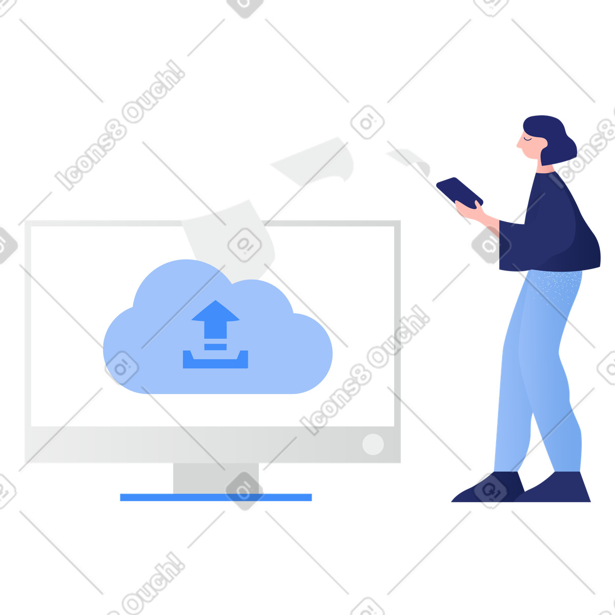 Illustration Femme téléchargeant des fichiers sur le cloud dans style Clip à télécharger aux formats PNG, SVG