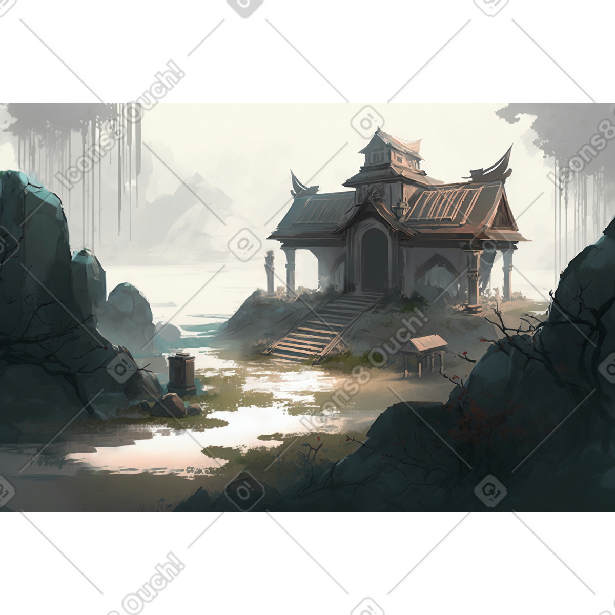 Old palace surrounded by nature background illustration in Experimental style download in PNG, SVG