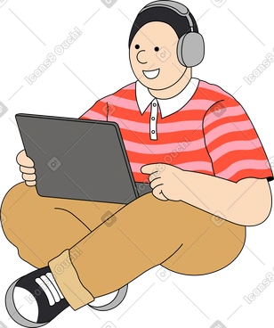 Young man sitting with laptop PNG, SVG