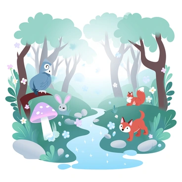 A dense forest filled with tall, slender trees and lush green foliage. The sunlight filters softly through the leaves, casting gentle shadows on the forest floor. Various animals inhabit the scene, including a wise owl perched on a branch, a curious rabbit sitting near a colorful mushroom, and a playful fox exploring the underbrush. Each animal has a distinct posture and is surrounded by small details like vibrant flowers and butterflies fluttering nearby. In the background, there is a sparkling stream flowing over smooth stones, adding to the enchanting atmosphere of the forest.