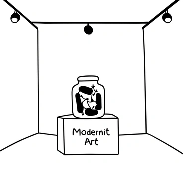 A large pickle jar is placed on a simple pedestal in the center of a spacious gallery. The jar is filled with various pickles, creating a visual contrast between the shapes and textures. The gallery walls are bare, providing a clean backdrop. A spotlight illuminates the jar, highlighting its glass surface and the contents inside. The floor is polished and reflective, enhancing the modern aesthetic of the space. The words "Modern Art" are displayed prominently on a plaque beside the jar.