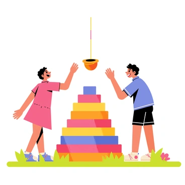 A group of children playing a miniature version of "dahi handi." The scene shows three children, two boys and a girl, smiling and reaching towards a small clay pot hanging from a colorful string. Below them, a bright and cheerful toy pyramid is stacked with vibrant blocks in red, yellow, and blue. The children are dressed in colorful clothing, with the girl wearing a pink dress and the boys wearing blue shirts and shorts. They are surrounded by a sunny outdoor setting with green grass and a few flowers nearby, enhancing the playful atmosphere.