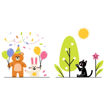 A festive scene featuring cartoon characters on the left side, including a cheerful bear wearing a party hat and a rabbit holding colorful balloons. The characters are surrounded by vibrant decorations such as streamers and confetti falling from above. On the right side, illustrated characters such as a whimsical tree with smiling faces and a dancing star add an enchanting touch. In the background, a bright sun shines down, enhancing the joyful atmosphere of the celebration.