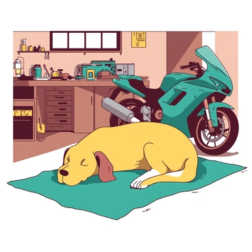 A yellow dog with a wagging tail is resting comfortably on a teal rug in a homey garage. The dog has its head resting on its paws, and its eyes are half-closed. Beside the dog, there is a sleek teal motorcycle parked next to a workbench filled with tools and spare parts. The garage has warm lighting, casting soft shadows across the floor, enhancing the cozy atmosphere. Various personal items are scattered around, adding to the lived-in feel of the space.