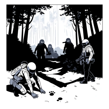 A group of operators in tactical gear is navigating through a dense forest filled with towering trees and thick underbrush. The forest is shrouded in mist, creating an atmosphere of intrigue. In the foreground, one operator is crouched down, examining footprints on the ground. In the background, shadowy figures of mysterious creatures are partially obscured by the foliage, their forms blending into the surroundings. The creatures have glowing eyes that seem to watch the operators, adding an element of suspense to the scene. Sunlight filters through the tree canopy, creating dappled patterns on the forest floor.