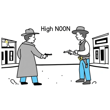 A Western comic-style gunfight at high noon in a dusty town