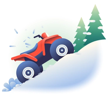 An all-terrain vehicle (ATV) with bright red bodywork is struggling up a steep, snow-covered hill. The tires of the ATV are partially buried in thick layers of snow, throwing up small clouds of powder as it attempts to climb. Snowflakes are gently falling from the sky, creating a soft white blanket over the landscape. In the background, there are tall green pine trees dusted with snow, adding depth to the scene. The sky above is a muted gray, signaling a chilly winter day.