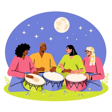 A group of diverse people seated in a circle, each holding a hand drum. The individuals include a woman with curly black hair, a man with a shaved head, a person with long straight hair wearing a colorful headscarf, and another person with short blonde hair and glasses. They are playing rhythmically, their faces illuminated by the soft glow of the moonlight above. The night sky is filled with twinkling stars, adding to the atmosphere of the scene. Each hand drum is intricately designed, showcasing various colors and patterns, while the grassy ground beneath them is dotted with small wildflowers.