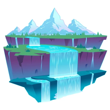 A surreal landscape featuring multiple rivers cascading above and below each other in a layered formation. The upper river flows with crystal-clear water, reflecting sunlight and surrounded by vibrant greenery along its banks. The lower river has a deep blue hue, winding through a rocky terrain and creating small waterfalls as it descends. The layers of the environment are distinctly visible, showcasing various elevations with cliffs and valleys. In the background, towering mountains rise under a clear blue sky, enhancing the depth and complexity of the scene.