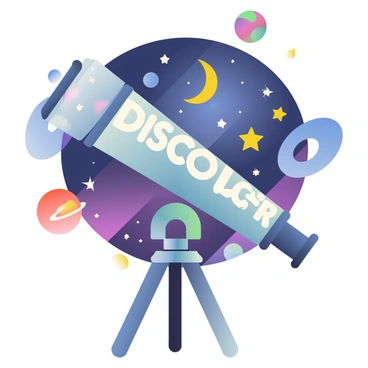 The word "Discover" is prominently displayed within the lens of a telescope. The background features a vibrant night sky filled with various celestial bodies, including bright stars and a glowing crescent moon. To the sides of the telescope, there are distant planets with visible rings and colorful nebulae swirling in shades of purple and blue. The telescope itself is metallic with a shiny finish, and its stand is made of dark wood, contrasting against the cosmic backdrop. The scene suggests a sense of exploration and curiosity aimed at the universe.