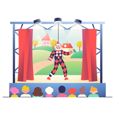 A small puppet stage made of dark wood is set up in the center of the image. The backdrop features colorful painted scenery depicting a whimsical village with houses and trees. An arlequin puppet, dressed in a traditional checkered costume of red, black, and white, is center stage, performing. The puppet has an exaggerated painted face with a wide smile and bright eyes. Strings connect the puppet to the overhead rigging, allowing it to move gracefully. On the sides of the stage, small red curtains are partially drawn open, revealing the performance. To the front, a small audience of children with varied hairstyles and attire is captivated by the show. Bright overhead lights illuminate the stage, highlighting the puppet's movements.