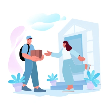 A delivery person is standing at the doorstep of a house, holding a cardboard package in their hands. The delivery person is wearing a uniform with a cap and has a friendly posture. The recipient, wearing casual clothes, is reaching out with one hand to receive the package while the other hand is resting on the door frame. A welcoming front porch is visible with potted plants on each side of the entrance, and the sky above is filled with soft gradient pastel colors.