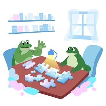 A frog and a toad are sitting at a wooden table, working together on a giant jigsaw puzzle. The frog is holding a colorful puzzle piece in its hands, while the toad has a few pieces spread out in front of it. The table is adorned with a small lamp that casts a warm glow, illuminating the vibrant pieces of the puzzle, which depict a scenic landscape. Around the room, there are shelves filled with books, and a comfortable armchair is positioned nearby. A window reveals a glimpse of the outside world, with soft sunlight filtering through sheer curtains.