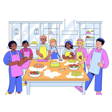 A bright kitchen filled with sunlight streaming through large windows. In the center, a large wooden table is covered with flour and various ingredients for making pasta. Several people are gathered around the table, smiling and actively participating in the cooking class. One person is rolling out dough with a rolling pin, while another is cutting it into shapes with a knife. A large pot of water is boiling on the stove in the background, and colorful ingredients like tomatoes and basil are arranged on the counter. Everyone is wearing colorful aprons, adding to the lively atmosphere.