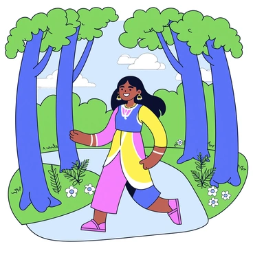 A girl with long black hair is wearing traditional jhumka earrings that dangle slightly as she walks. She is dressed in a colorful, flowing dress that contrasts with the rich greens of the forest. The forest is filled with towering trees, their leaves creating a vibrant canopy overhead. Sunlight filters through the branches, casting dappled shadows on the ground. The girl has a joyful expression as she strolls along a narrow path, surrounded by various plants and small flowers.