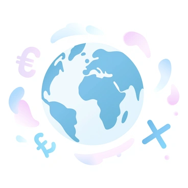 A globe is positioned in the center of the image, showcasing a detailed map of the world. Surrounding the globe are various currency symbols, including the "$", "€", "¥", and "£" symbols, all floating in a balanced arrangement. The colors of the globe and the currency symbols are composed of gradient pastel hues, providing a harmonious and soft visual effect. The background is minimal, allowing the globe and the floating symbols to be the focal point of the image.