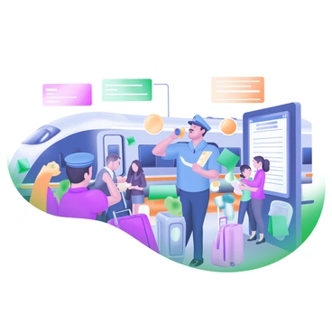 A train conductor wearing a blue uniform and a cap is blowing a whistle, standing on a busy platform. Surrounding the conductor are numerous travelers, some holding suitcases and bags. A family is seen huddled together as they check their tickets, while a couple stands near a large departure board displaying train schedules. In the background, a sleek train is visible, with its doors open. Brightly colored advertisements are plastered on the walls, adding to the bustling atmosphere of the scene.