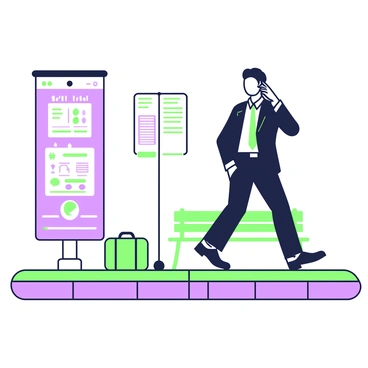 A businessperson in a suit is pacing on a train platform. The suit is tailored and dark, with a white shirt underneath. The businessperson holds a smartphone to their ear, engaged in a conversation. They have short hair and appear focused, glancing occasionally at a nearby digital timetable. A briefcase rests on the platform next to them, and there are a few empty benches visible in the background. The platform is lined with green and purple tiles, adding a vibrant touch to the scene.