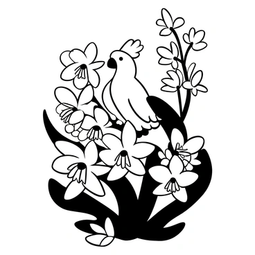 A cockatoo nestled among vibrant and exotic orchid flowers