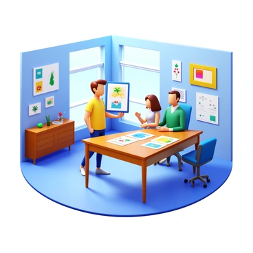 A freelance illustrator standing confidently in a modern office setting. The illustrator has a tablet in hand displaying colorful illustrations. The office has large windows with natural light streaming in, and there are sleek furniture pieces surrounding the space. A potential client is seated at a stylish desk, looking attentively at the illustrations. Various sketches and artworks are spread across the table, showcasing the illustrator's diverse skills. The walls are adorned with contemporary art pieces, creating an inspiring atmosphere.