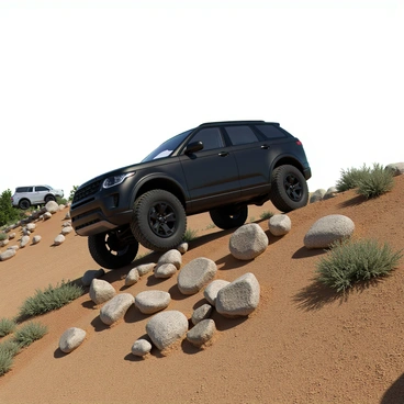 A black Range Rover with a shiny finish is climbing a steep, rocky hill during an off-road challenge event. The vehicle's wheels are partially off the ground, showcasing its rugged tires that grip the uneven terrain. Surrounding the hill are scattered boulders and patches of dirt, with a few sparse shrubs visible. The sky above is clear, allowing sunlight to illuminate the scene. In the background, other vehicles can be seen participating in the challenge, adding excitement to the event.