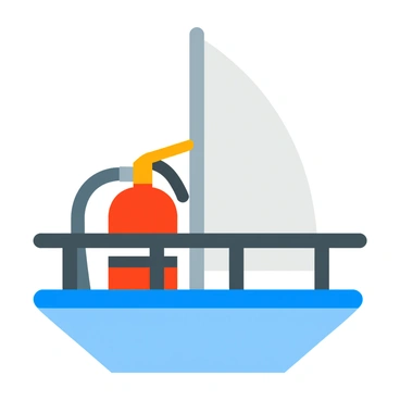 A fire extinguisher secured to the railing of a sailboat, with the ocean visible in the background and the sail unfurled above.