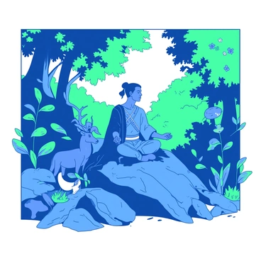 A blue warrior in meditation sits cross-legged on a rocky outcrop, surrounded by dense, green foliage. The warrior is dressed in a traditional outfit with intricate patterns and a flowing cape. Various wildlife, including a curious deer and a colorful bird, gather nearby, observing the warrior. Sunlight filters through the trees, creating dappled patterns on the ground. The atmosphere is tranquil, highlighting the connection between the warrior and nature, with vibrant plants showcasing various shades of green and hints of colorful flowers.
