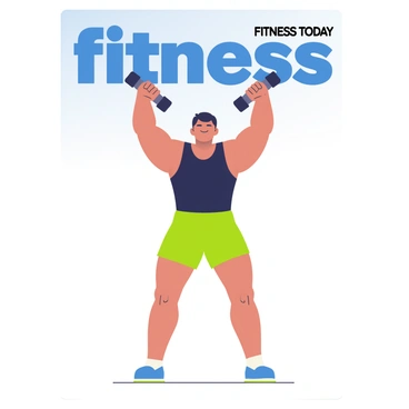 A magazine cover features a male athlete with tan skin demonstrating the perfect dumbbell thruster form. He is wearing a fitted black tank top and lime green shorts, showcasing his muscular build. The athlete is in a mid-action pose, with a dumbbell held overhead in both hands, arms extended fully. His legs are slightly bent, and his feet are shoulder-width apart, providing a strong base. The background includes a subtle gradient transitioning from light blue at the top to white at the bottom, ensuring the focus remains on the athlete and his form. The magazine title "Fitness Today" is prominently displayed at the top in bold, modern font.