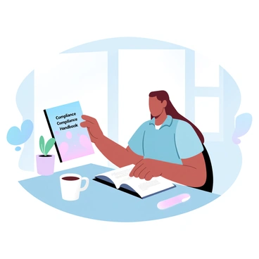 An employee is seated at a desk, focused on a colorful compliance handbook opened in front of them. The handbook features a vibrant cover design with various shades of pastel colors. The employee is wearing a smart-casual outfit, with short sleeves and a notepad beside them. There is a coffee mug on the desk, beside a small potted plant that adds a touch of greenery to the scene. A large window in the background allows soft light to filter into the room, enhancing the warm atmosphere.