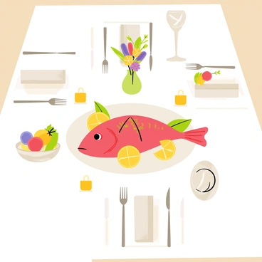 A dinner table elegantly set with a white tablecloth. The centerpiece features a roasted red snapper, garnished with lemon slices and fresh herbs, placed on a large, round platter. Surrounding the fish are decorative bowls of colorful vegetables and a small vase holding vibrant flowers. Each place setting includes a shining silver fork and knife, with a folded cloth napkin beside a sparkling glass of water. Soft candlelight from small candles adds a warm glow to the scene.