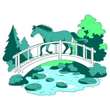 A teal mustang is crossing a white wooden bridge that arches gracefully over a flowing stream. The stream's water glistens as it cascades over the smooth rocks beneath. Lush green trees line the banks of the stream, their leaves rustling gently in the wind. The wooden bridge is adorned with intricate carvings, adding character to the scene. The mustang moves with confidence, its mane flowing elegantly behind it as it steps onto the bridge.