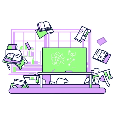 A classroom with floating desks and books, creating a magical atmosphere