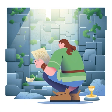 A game adventurer with long brown hair and wearing a rugged green outfit is crouched in front of an intricate stone puzzle inside a mysterious temple. The temple features ancient stone walls covered in moss and vines, with faint carvings of mythical creatures. Sunlight filters through a crack in the ceiling, illuminating dust particles in the air. The adventurer holds a weathered map in one hand and is studying the puzzle with a look of concentration. To the side, a faint glow emanates from a small ancient artifact resting on a pedestal, hinting at hidden secrets within the temple.
