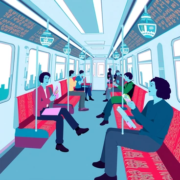 Subway train interior decorated with elements from different cultures around the world