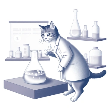 A cat wearing a lab coat is positioned in a laboratory setting. The cat stands on its hind legs, leaning forward curiously towards a bubbling beaker placed on a table. The beaker emits small bubbles and occasional wisps of vapor, creating an engaging scene. The lab coat drapes over the cat's body, with the collar turned up slightly. The background contains shelves lined with various scientific instruments and containers, adding to the research atmosphere.