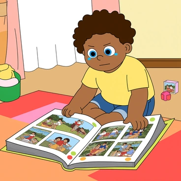 A small child with curly brown hair is sitting on a cozy, colorful rug. The child has big, teary blue eyes that express sadness as they gaze at an open photo album in front of them. The photo album has a slightly worn cover, decorated with bright stickers and featuring faded pictures of joyful moments, such as family picnics and birthday parties. The background includes a warm, softly lit room with pastel-colored walls and a few toys scattered around, adding to the nostalgic atmosphere. The child is wearing a cheerful yellow t-shirt and denim shorts, and their expression reflects a mix of longing and reflection as they flip through the pages filled with cherished memories.