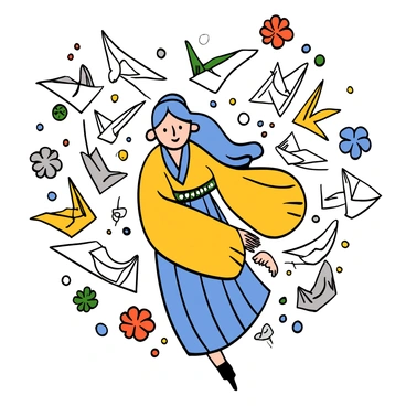 A young woman with light skin and long blue hair, wearing a traditional outfit with sleeves that flow gracefully. She is in a dynamic pose, surrounded by numerous fluttering paper sheets that swirl around her. The paper sheets are forming intricate shapes such as cranes and flowers, creating a vibrant scene. The background is clear, emphasizing the movement of the paper and the elegance of the woman.