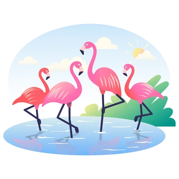 A group of five flamingos with bright pink feathers is standing in a sunlit lagoon. The birds are elegantly balancing on one leg, their long necks curved gracefully. The water of the lagoon reflects the vibrant colors of the flamingos and is surrounded by lush green vegetation. Heat waves are shimmering above the water's surface, creating a wavy effect. In the background, the sky is clear blue with a few white clouds, enhancing the warm atmosphere of the scene.