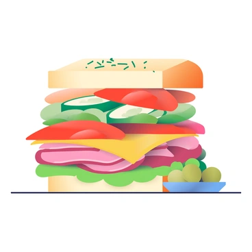 A delicious sandwich showing various levels of meats, cheeses, and vegetables
