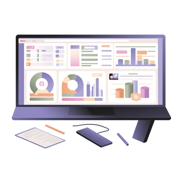 A digital flat illustration showcasing a large computer screen displaying a vibrant and interactive CRM dashboard. The dashboard features various colorful charts and graphs, including pie charts in shades of blue, green, and orange. There are also bar graphs with different heights and colors representing sales data. User interface elements such as buttons and tabs are visible, designed in bright colors to indicate interactivity. A cursor icon is hovering over a data point, suggesting user engagement. The computer screen is set on a sleek black desk with a few stationery items like a notebook and a pen nearby.