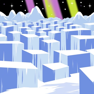 A glistening ice maze featuring tall, crystalline icy walls that reflect light. The surface of the ice is smooth and shimmering, creating a magical atmosphere. Above, the northern lights display vibrant hues of green and purple, casting a colorful glow over the maze. The ground is covered in a thin layer of snow, and there are small icicles hanging from the walls, adding to the icy landscape. The scene is tranquil, inviting exploration in the enchanting maze.