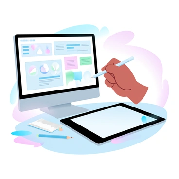 A computer screen displaying an online tutorial with step-by-step instructions for illustration techniques. On the screen, there are colorful graphics demonstrating various drawing methods. A hand is holding a stylus, poised to draw on a digital tablet next to the computer. Various art supplies, such as colored pencils and sketchbooks, are arranged neatly on the table. The background includes a gradient of pastel colors, creating an inviting atmosphere for learning.
