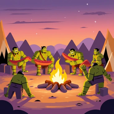 An orc camp at dusk, featuring several large fires casting a warm glow across the scene. Orc warriors with green skin and muscular builds are gathered around the fires, some seated on large logs while others stand, engaging in animated conversations. They are wearing rugged leather armor and holding large, roasted pieces of meat, with juices glistening under the firelight. Shadows dance on the ground as the flames flicker, and the sky above transitions from orange to deep purple, adorned with a few small, twinkling stars. Tents made of animal hides are pitched around the camp, and the ground is strewn with bones and remnants of past feasts.