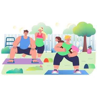 A family of four is in their backyard, participating in a group workout. The father, with short brown hair, is in a blue tank top and black shorts, demonstrating a renegade row position on a yoga mat. The mother, with long blond hair in a ponytail, is wearing a red sports bra and black leggings, also in a renegade row stance next to him. Their two children, a boy with short black hair in a green t-shirt and a girl with curly hair wearing a pink tank top, are mimicking their parents. The backyard is filled with green grass and a few scattered colorful workout mats. In the background, there are trees providing shade, and some fitness equipment is placed neatly along the fence. The sun is shining brightly, creating a cheerful atmosphere for the workout.
