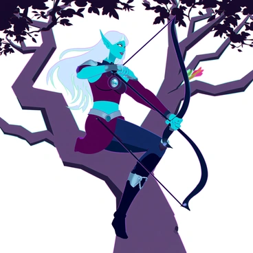 A dark elf archer poised in a tree, ready to strike with a glowing bow